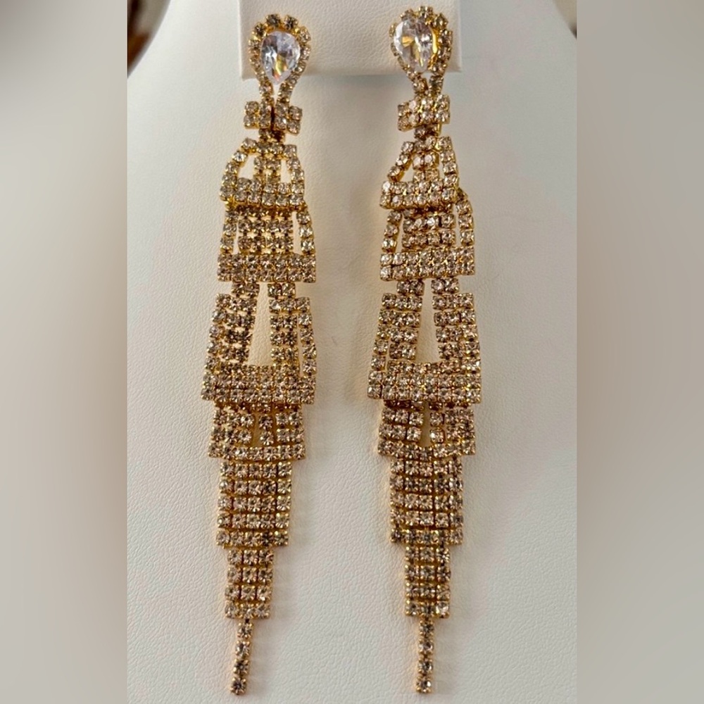 Couture Gems Goldtone chandelier,clear rhinestones, post, dressy,event